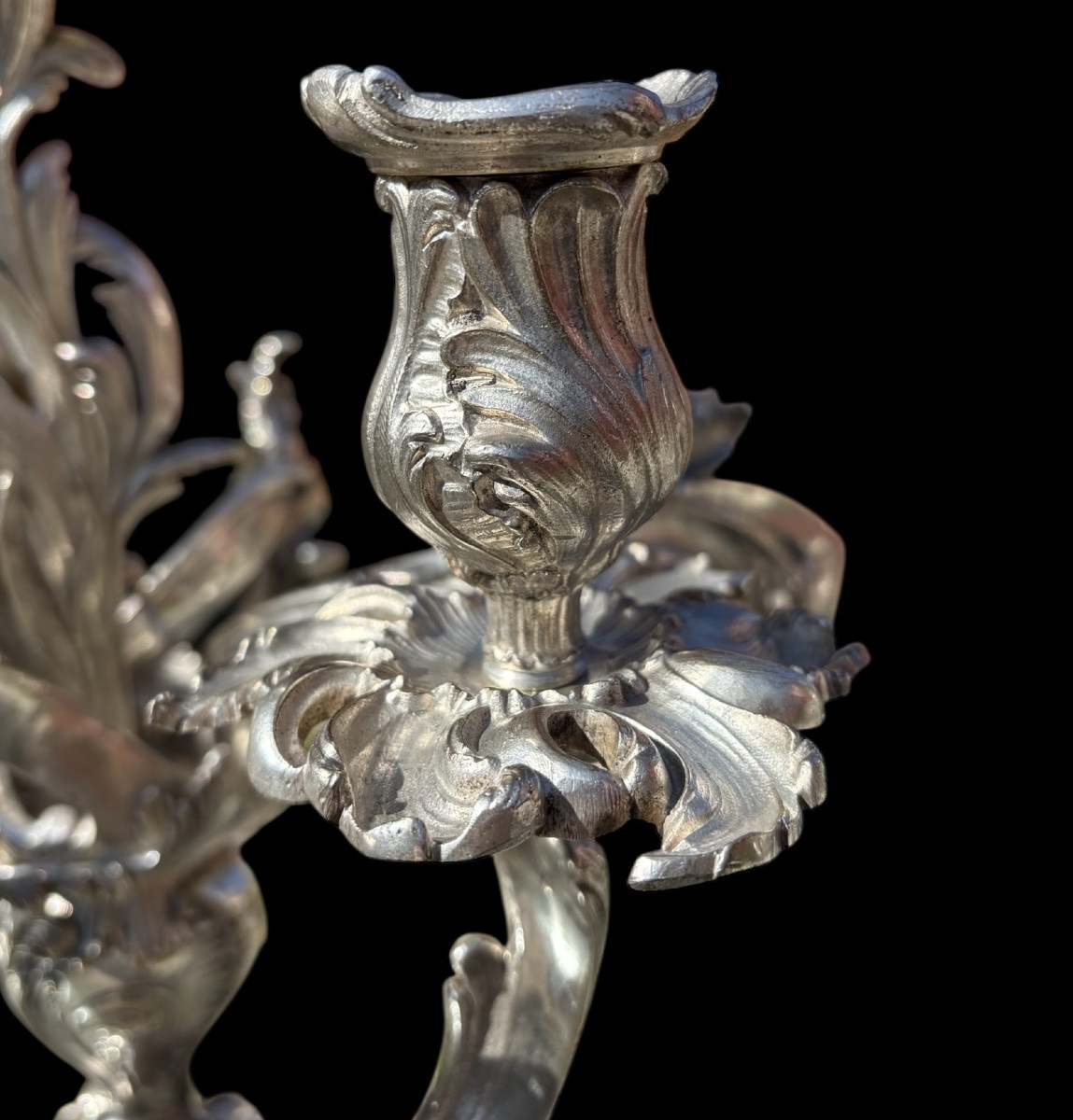 Paire de candélabres en bronze argenté de style Louis XV rocaille fin XIXᵉ siècle.-photo-4