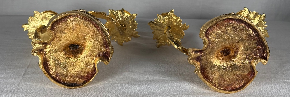 Paire de bougeoirs en bronze doré de style Louis XV rocaille Circa 1900-photo-5