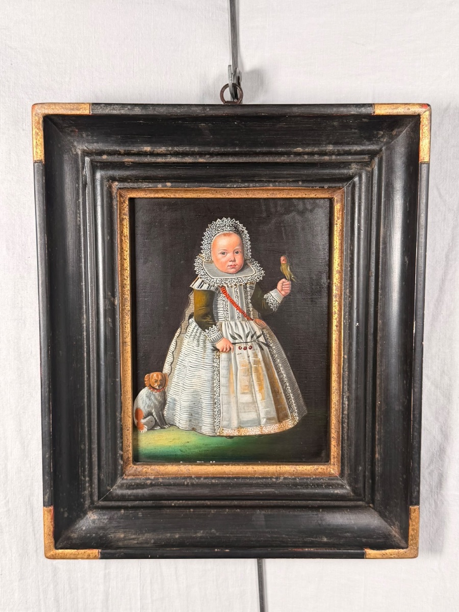 Portrait d’enfant à l’oiseau huile sur cuivre XIX ème siècle-photo-2