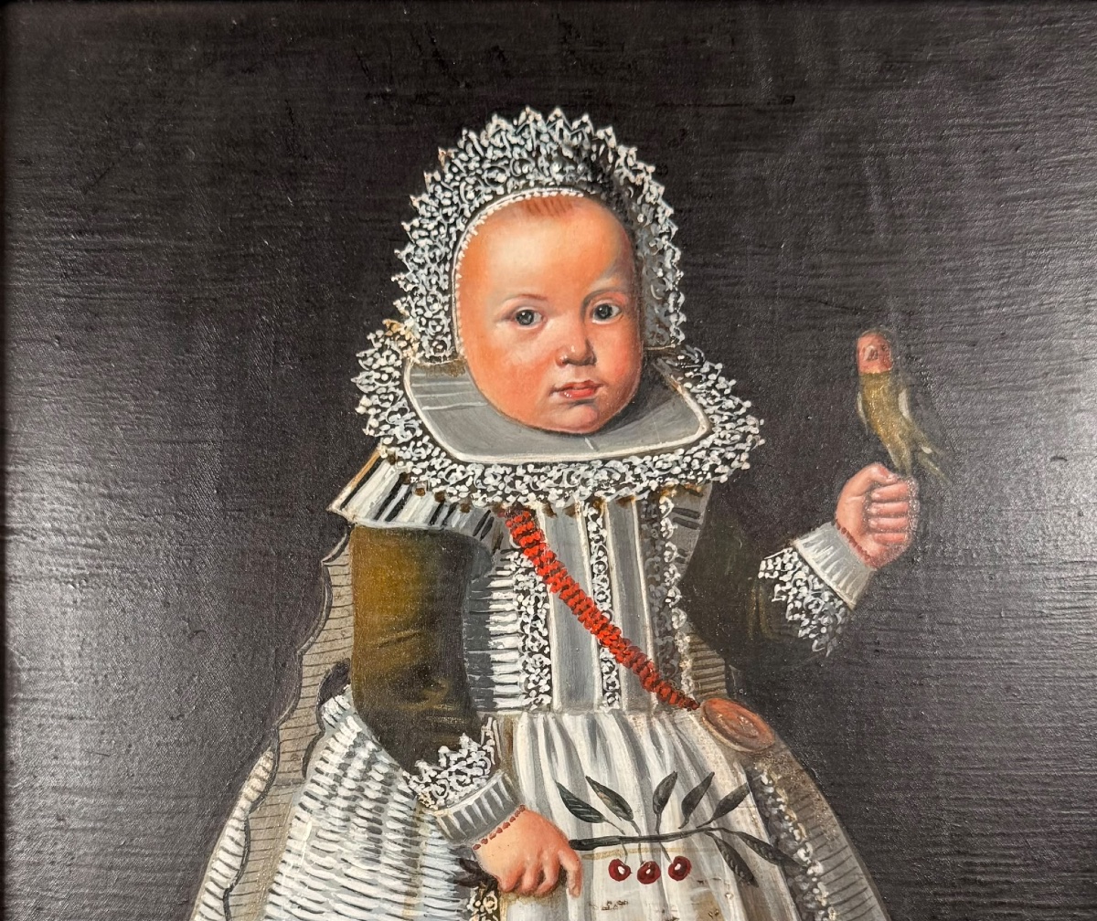 Portrait d’enfant à l’oiseau huile sur cuivre XIX ème siècle-photo-4