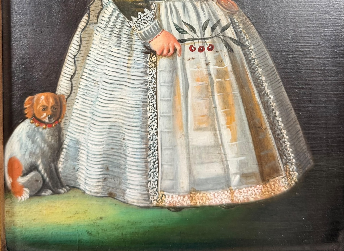 Portrait d’enfant à l’oiseau huile sur cuivre XIX ème siècle-photo-1