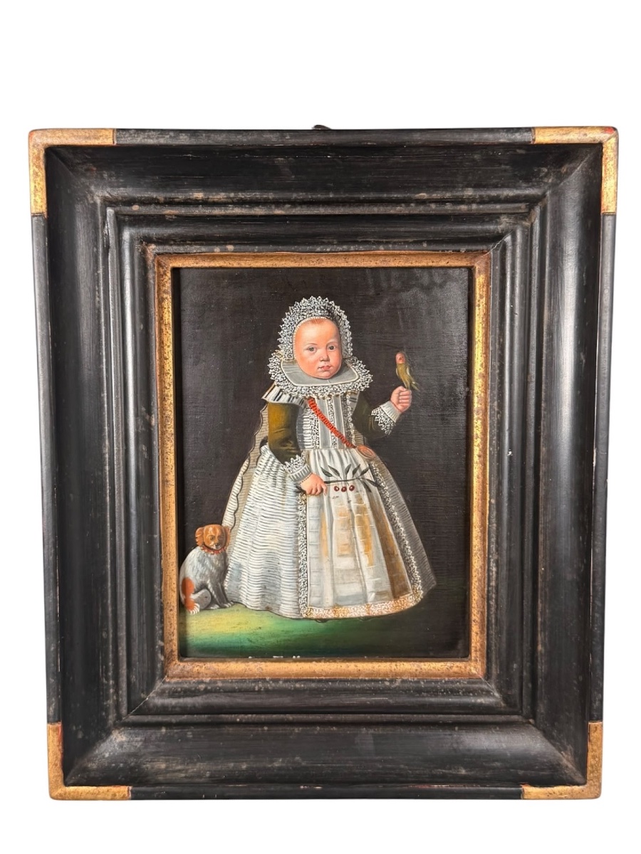 Portrait d’enfant à l’oiseau huile sur cuivre XIX ème siècle