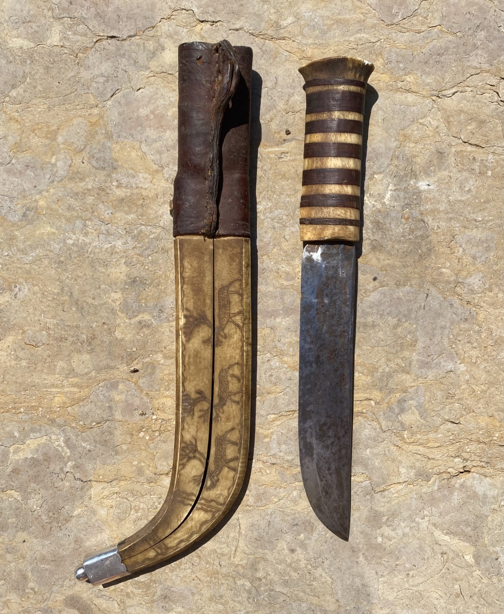 Traditional Sami Knife From Lapland With A Leather And Reindeer Bone Sheath, Early 20th Century-photo-5