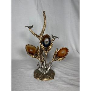 Sculpture En Bronze Doré Argenté Et Agate 