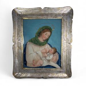Fixé Sous Verre Fin XVIII eme Siècle Représentant L’allaitement de l’Enfant Jésus par Marie