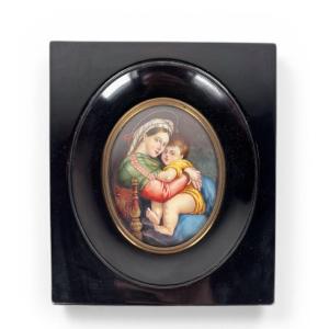 Miniature Painted On Ivory, Virgin And Child, After Raphael, Late 19th Century