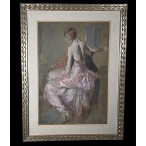 Pastel et gouache jeune femme signée Jacques Fernand Gonin ( 1883-1935 )
