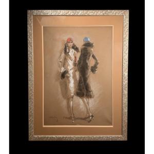 Bold Pencil And Pastel With Elegant Women By Jacques Fernand Gonin