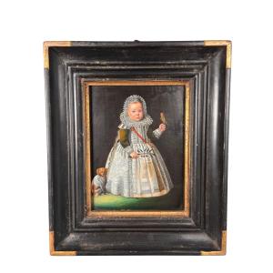 Portrait Of A Child With A Bird, Oil On Copper, 19th Century