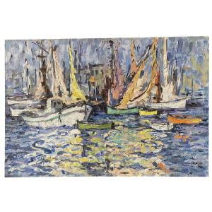 Huile sur toile signée Pierre Ivaldi Vue du port de Béni Saf Algérie