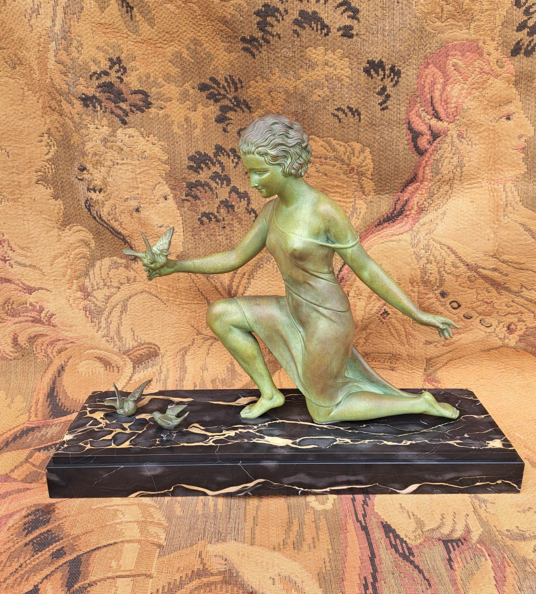 Art Deco Sculpture. Woman With Birds. Signed U. Cipriani.