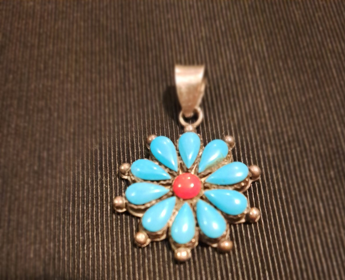 Silver, Turquoise And Coral Pendant. -photo-2