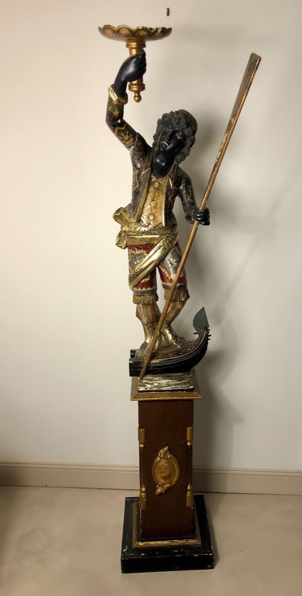 Very Interesting Nubian Gondolier Carrying A Torchere Venice End XIX Eme