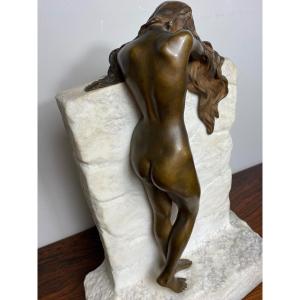 Gustave Obiols Nude In Bronze On Carrara Marble