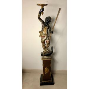 Very Interesting Nubian Gondolier Carrying A Torchere Venice End XIX Eme