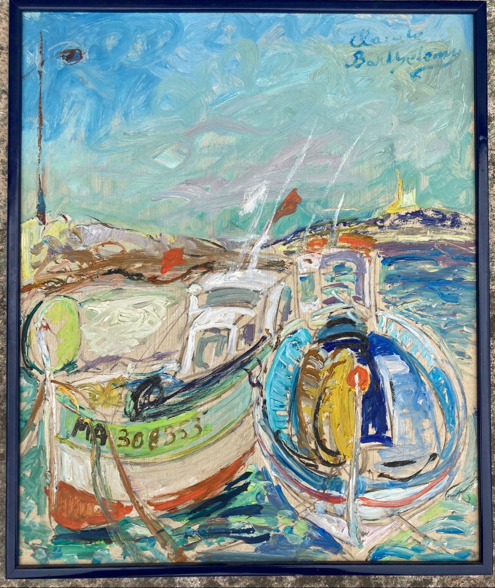 Oil On Board - Fishing Boats At The Port Of Marseille - Claude Barthélémy