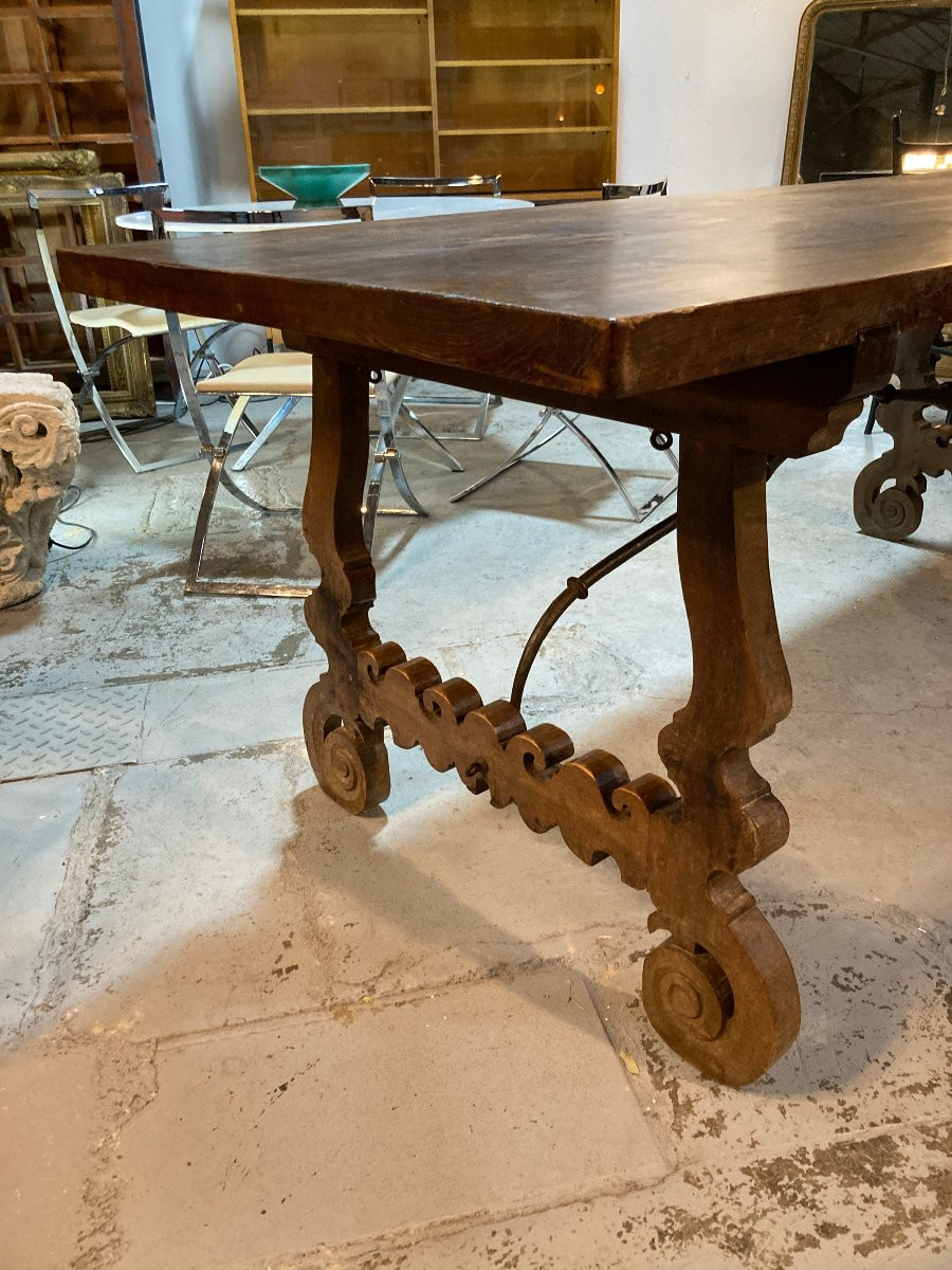 Grande table XIXe espagnole à entretoise en fer forgé - 207 x 79-photo-2