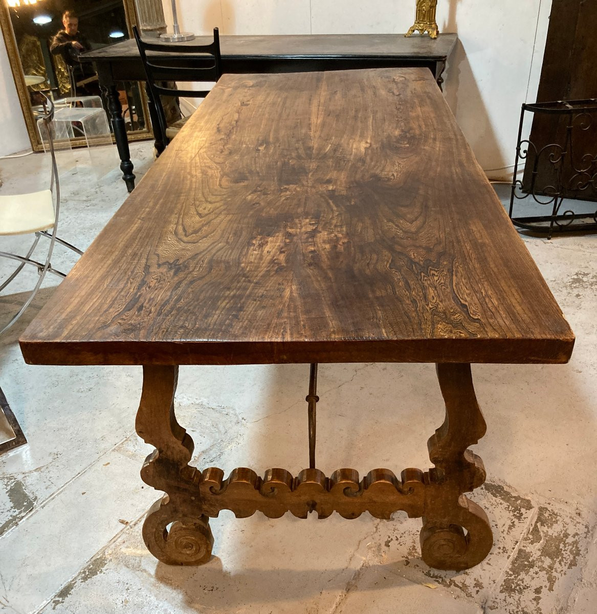 Grande table XIXe espagnole à entretoise en fer forgé - 207 x 79-photo-3