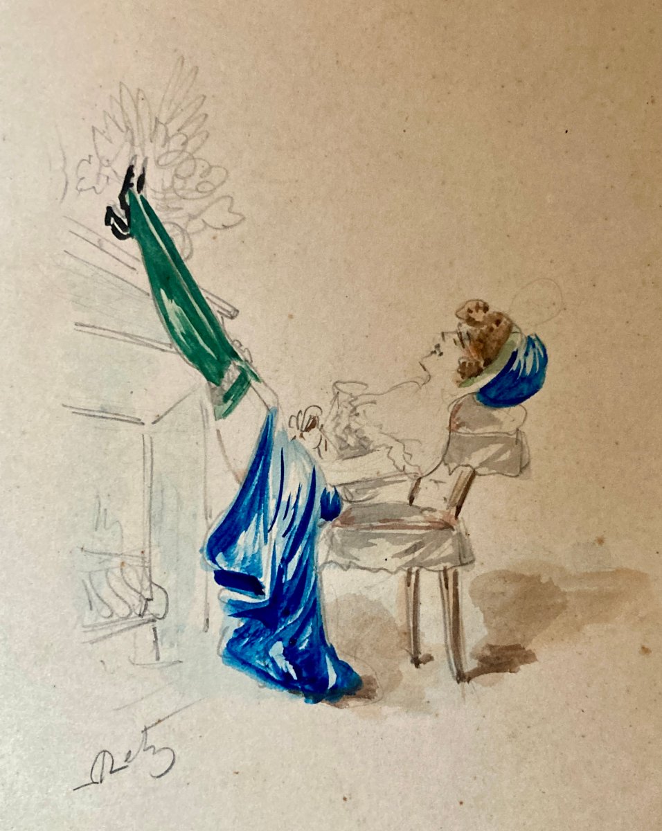 Aquarelle érotique coquin - Mademoiselle le chauffe - début XXe -photo-2