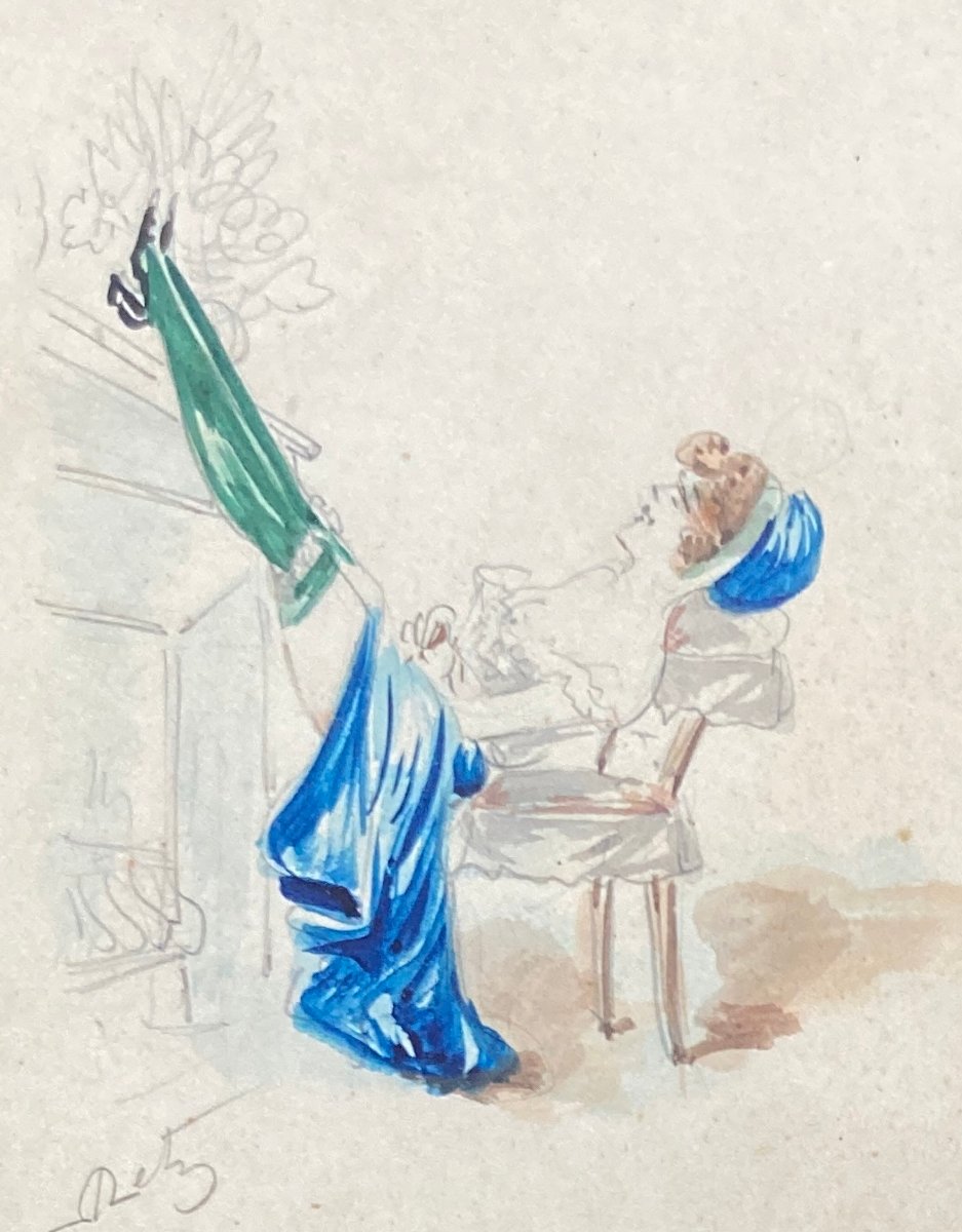 Aquarelle érotique coquin - Mademoiselle le chauffe - début XXe -photo-3
