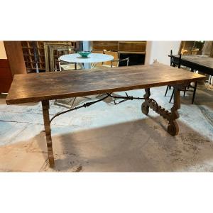 Grande table XIXe espagnole à entretoise en fer forgé - 207 x 79