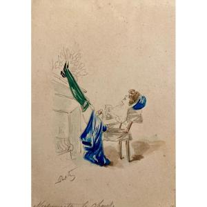 Aquarelle érotique coquin - Mademoiselle le chauffe - début XXe