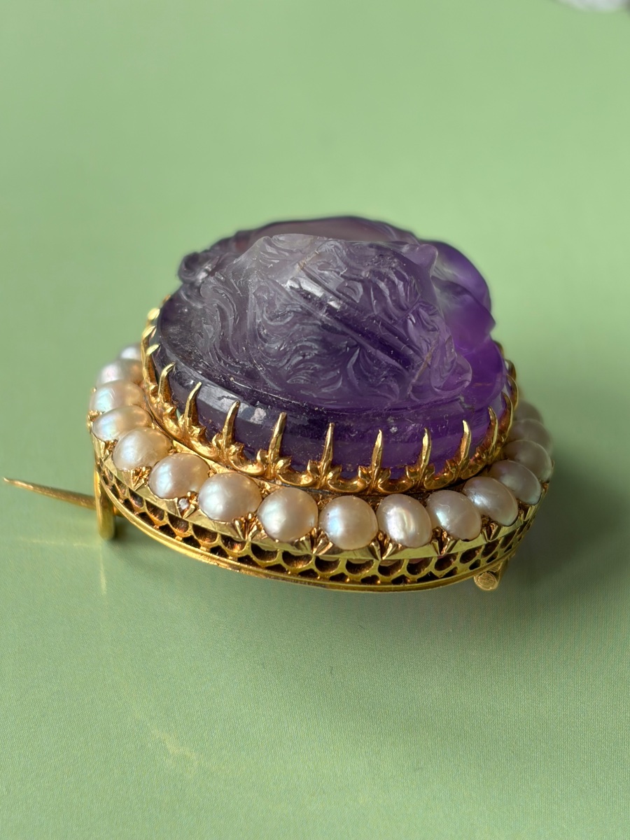 Pin Broche Cameo Camée Améthyste Gold Or 750 18k Victorian Perles-photo-4