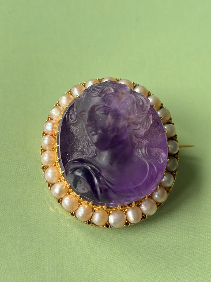 Pin Broche Cameo Camée Améthyste Gold Or 750 18k Victorian Perles