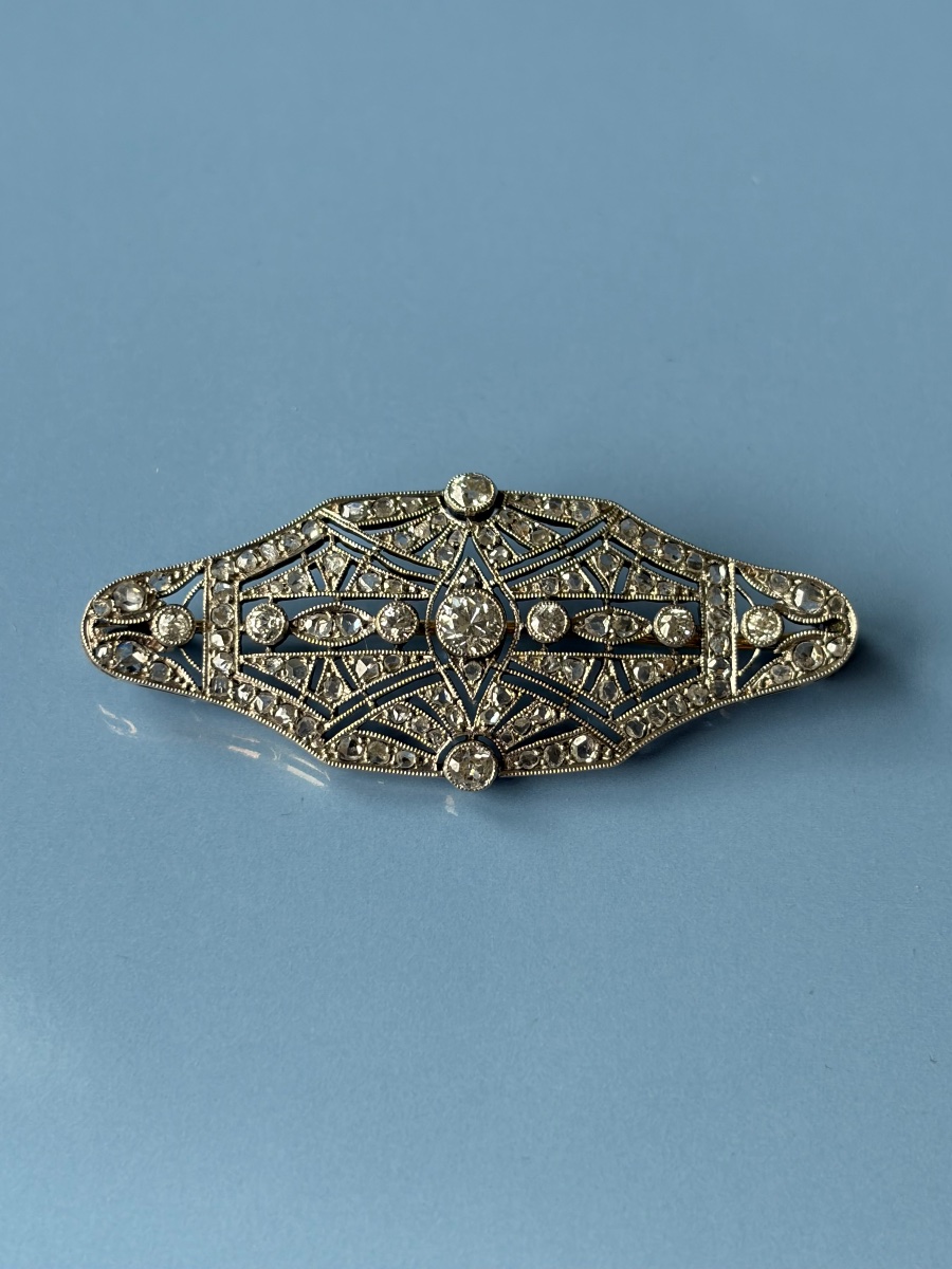Broche Art déco, or 18 carats et platine, diamants taille ancienne-photo-2