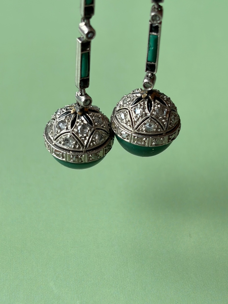 Boucles d'oreilles Art déco en platine ornées de diamants taille rose malachite et d'onyx-photo-2