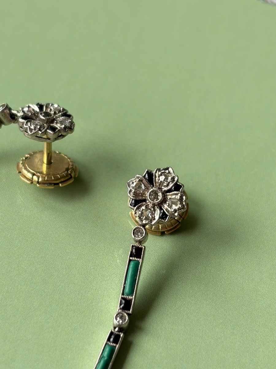 Boucles d'oreilles Art déco en platine ornées de diamants taille rose malachite et d'onyx-photo-2