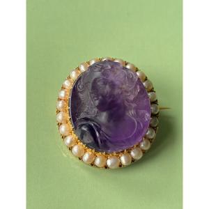 Pin Broche Cameo Camée Améthyste Gold Or 750 18k Victorian Perles