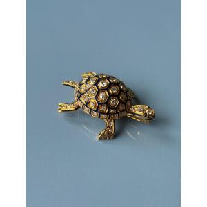 Broche ancienne en forme de tortue, émail, diamants taille ancienne, poinçon tête d'aigle, or 1