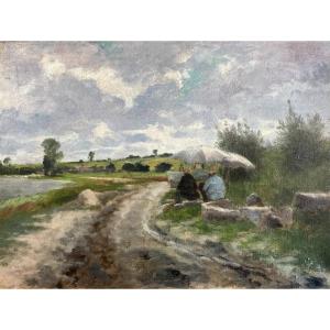 Ecole Française de la fin du XIXe siècle, Deux peintres dans un paysage , Barbizon