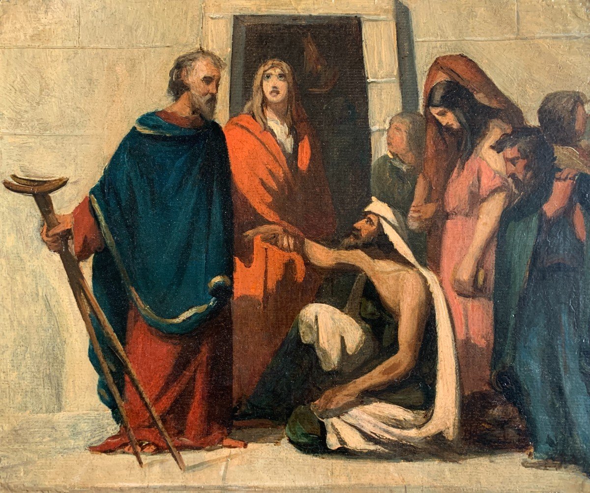 French School Around 1840, Saint Peter Healing The Lame, Sketch, Oil On Paper-photo-2