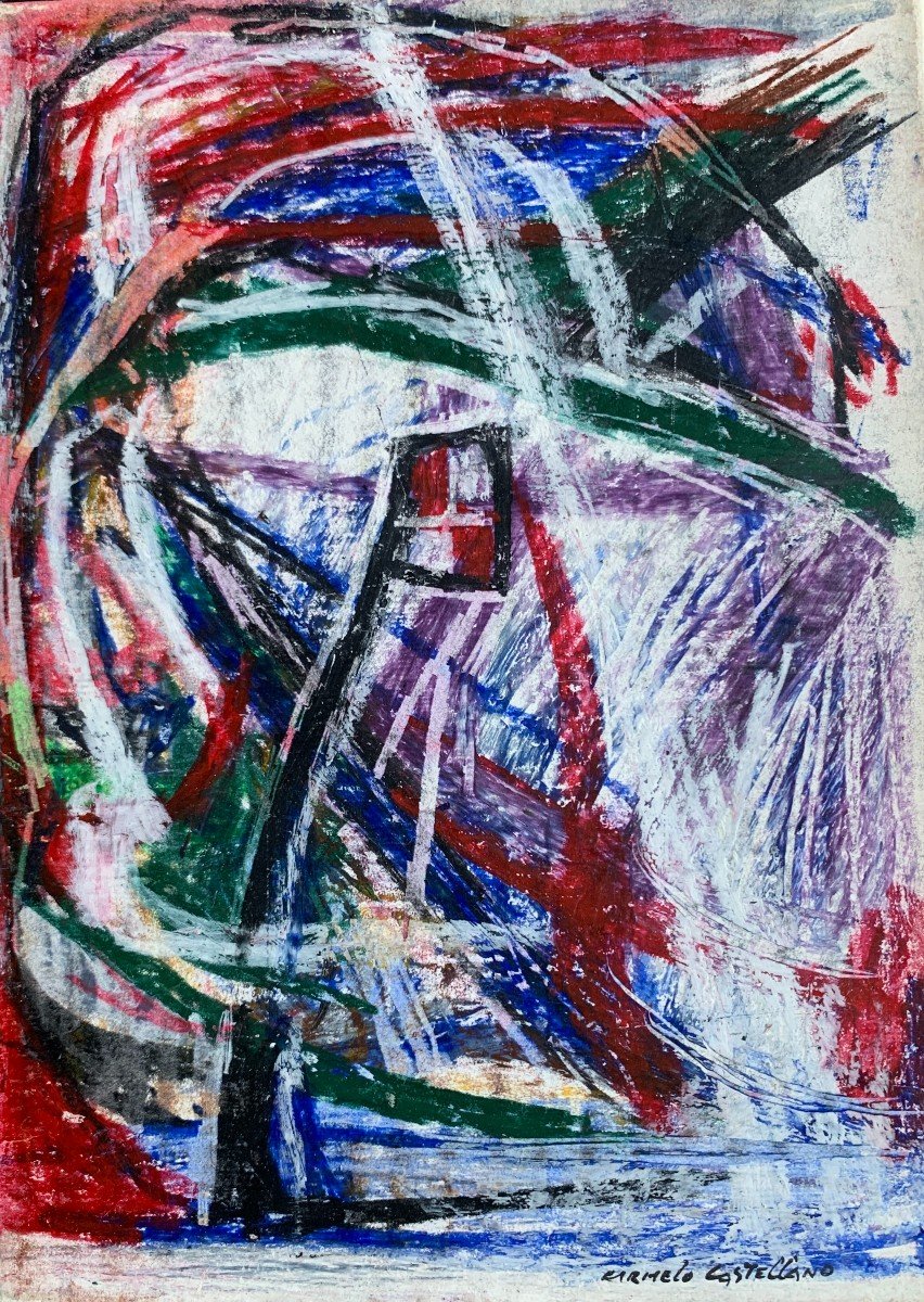 Carmelo Castellano (1925-2017), Le Drapeau, Abstrait, Crayon Gras Sur Toile