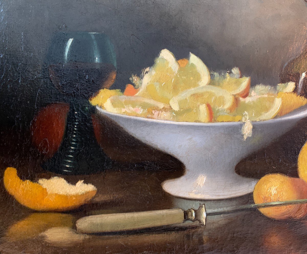 Dupont? French School Late Nineteenth, Still Life With Citrus And Glassware, Oil On Canvas-photo-4