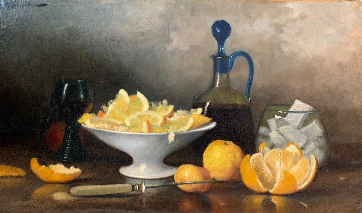 Dupont? French School Late Nineteenth, Still Life With Citrus And Glassware, Oil On Canvas-photo-2