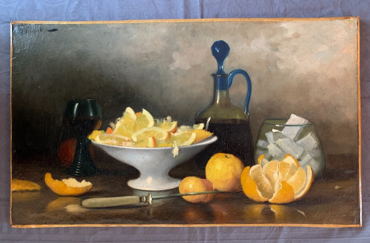 Dupont? French School Late Nineteenth, Still Life With Citrus And Glassware, Oil On Canvas-photo-3