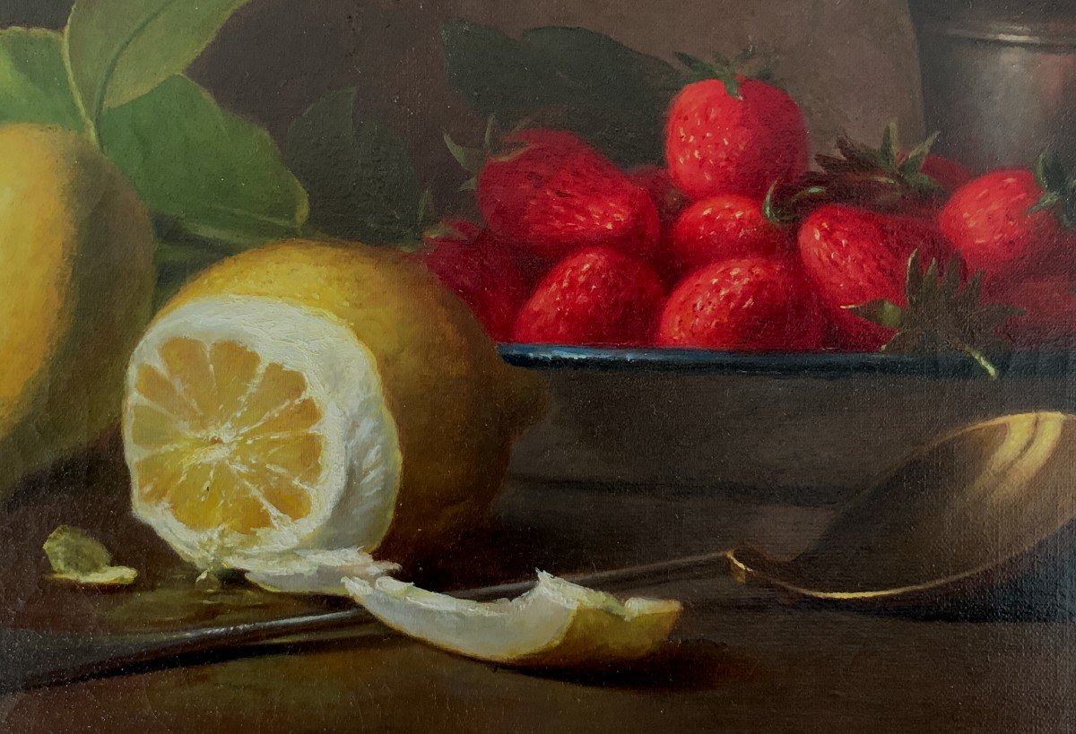 H.raynaud?, French School 1900, Still Life With Strawberries And Lemon, Oil On Canvas-photo-3