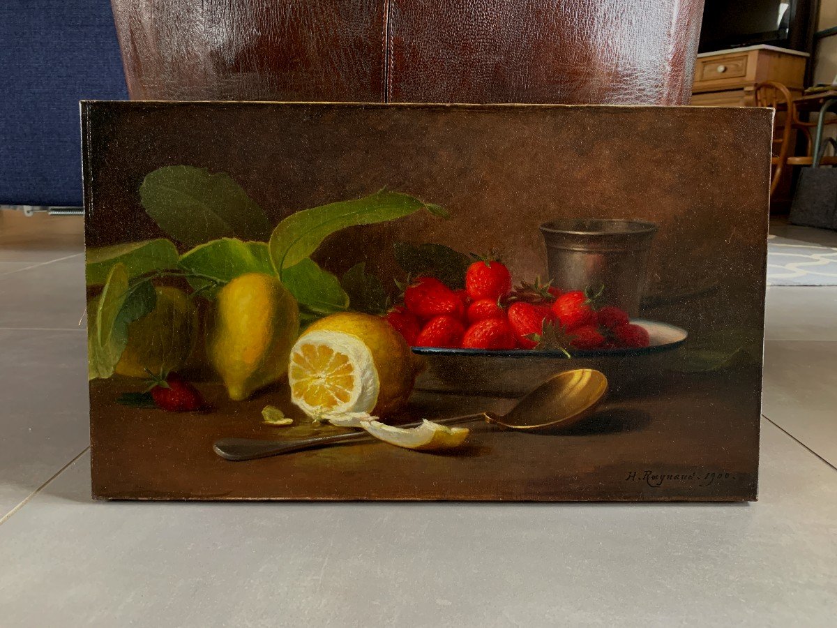 H.raynaud?, French School 1900, Still Life With Strawberries And Lemon, Oil On Canvas-photo-4
