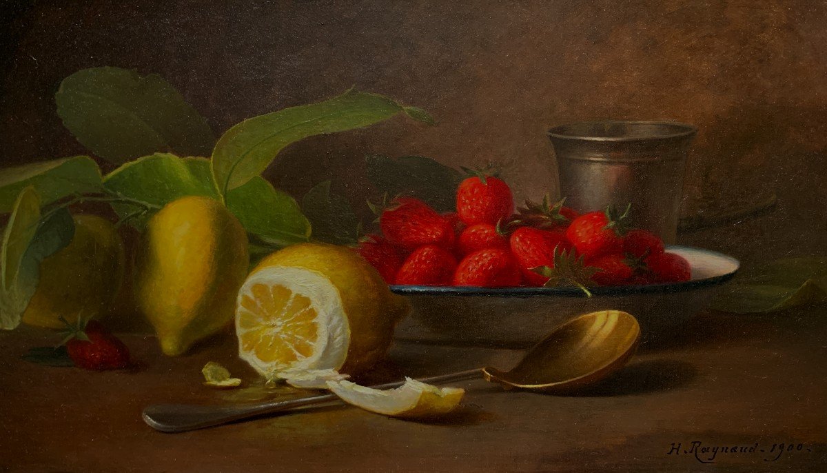 H.raynaud?, French School 1900, Still Life With Strawberries And Lemon, Oil On Canvas
