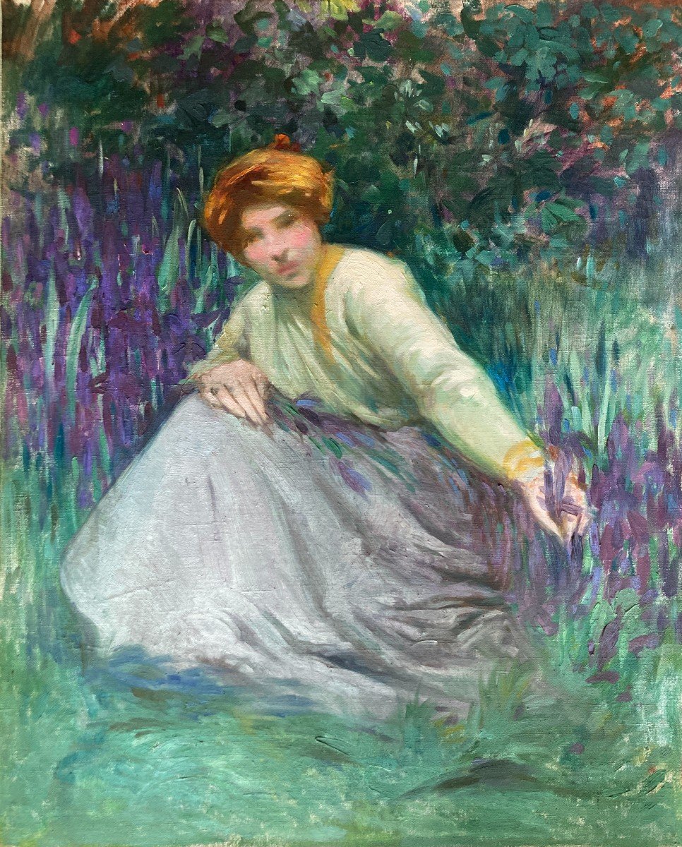 Barthelemy Gabriel Azam (peintre Toulousain), Le Printemps : Femme Aux Iris, Huile Sur Toile