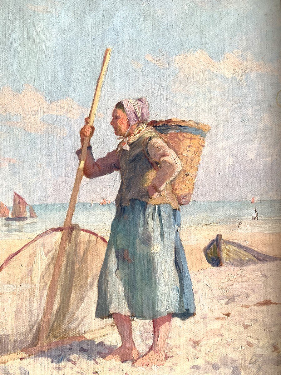 René Chrétien (1867-1945), La Pêcheuse De Crevettes En Bord De Mer, Huile Sur Toile, Signée-photo-2