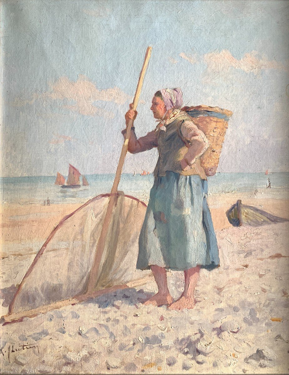 René Chrétien (1867-1945), La Pêcheuse De Crevettes En Bord De Mer, Huile Sur Toile, Signée