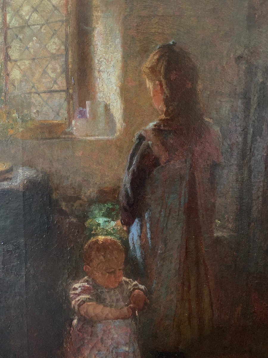 Frederick Stratton (1870-1960), Femme Et Enfant Dans Un Intérieur, Huile Sur Toile, British, anglais-photo-2