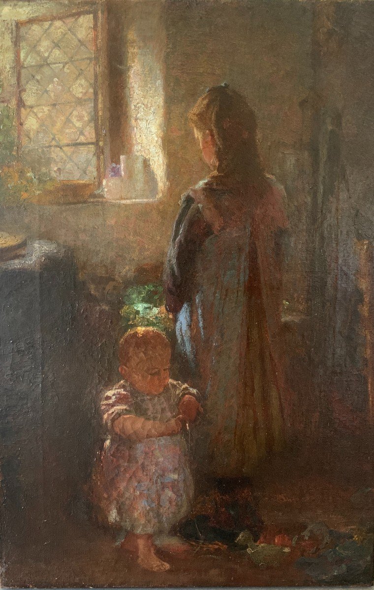 Frederick Stratton (1870-1960), Woman And Child In An Interior, Oil On Canvas, British, Anglais