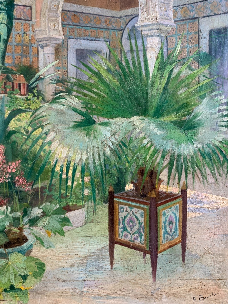 Joseph Félix Bouchor (1853-1937) (attr. To), View Of Interior Courtyard Of Oriental Palace, Oil-photo-3