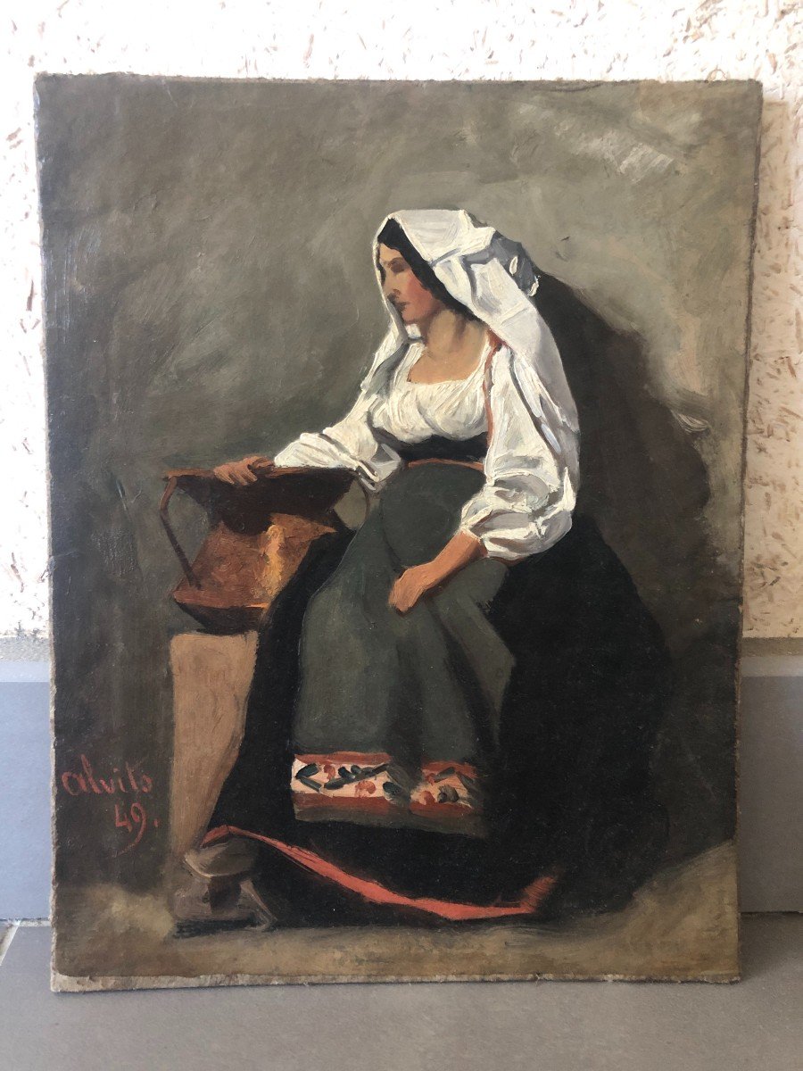 French Or Italian School Mid-19th Century, Portrait Of An Italian Woman In Alvito, 1849, Oil On Paper-photo-4
