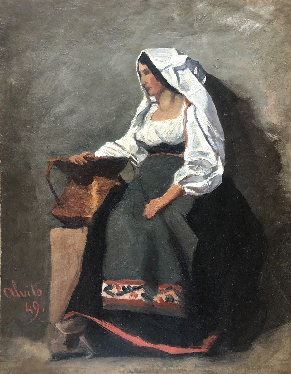 French Or Italian School Mid-19th Century, Portrait Of An Italian Woman In Alvito, 1849, Oil On Paper